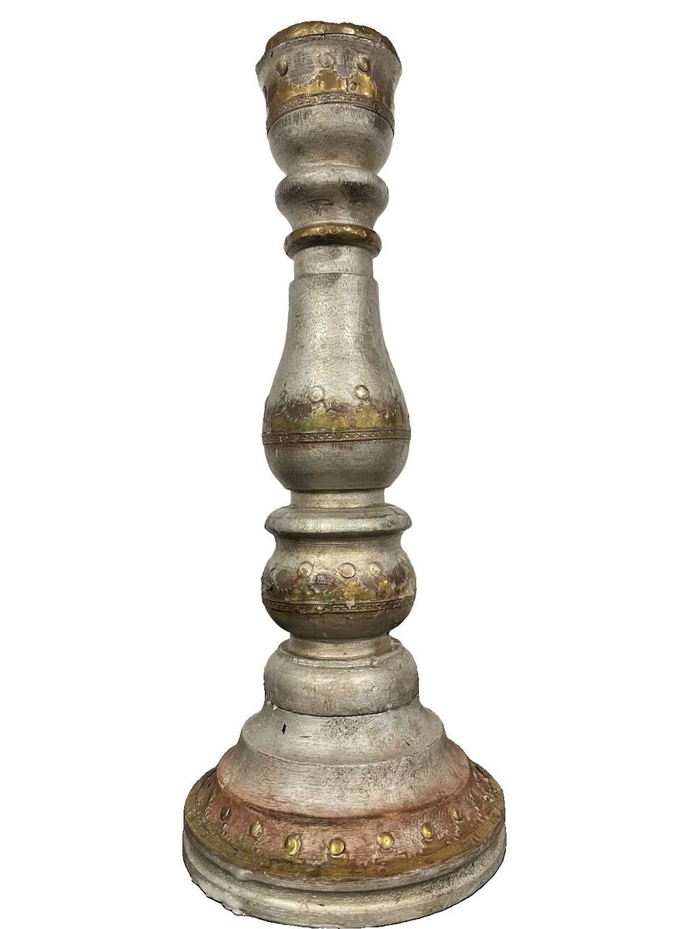 Cottagecore VTG Silver Brass Hand Turned Painted Wood Candle Stick Holder 11”